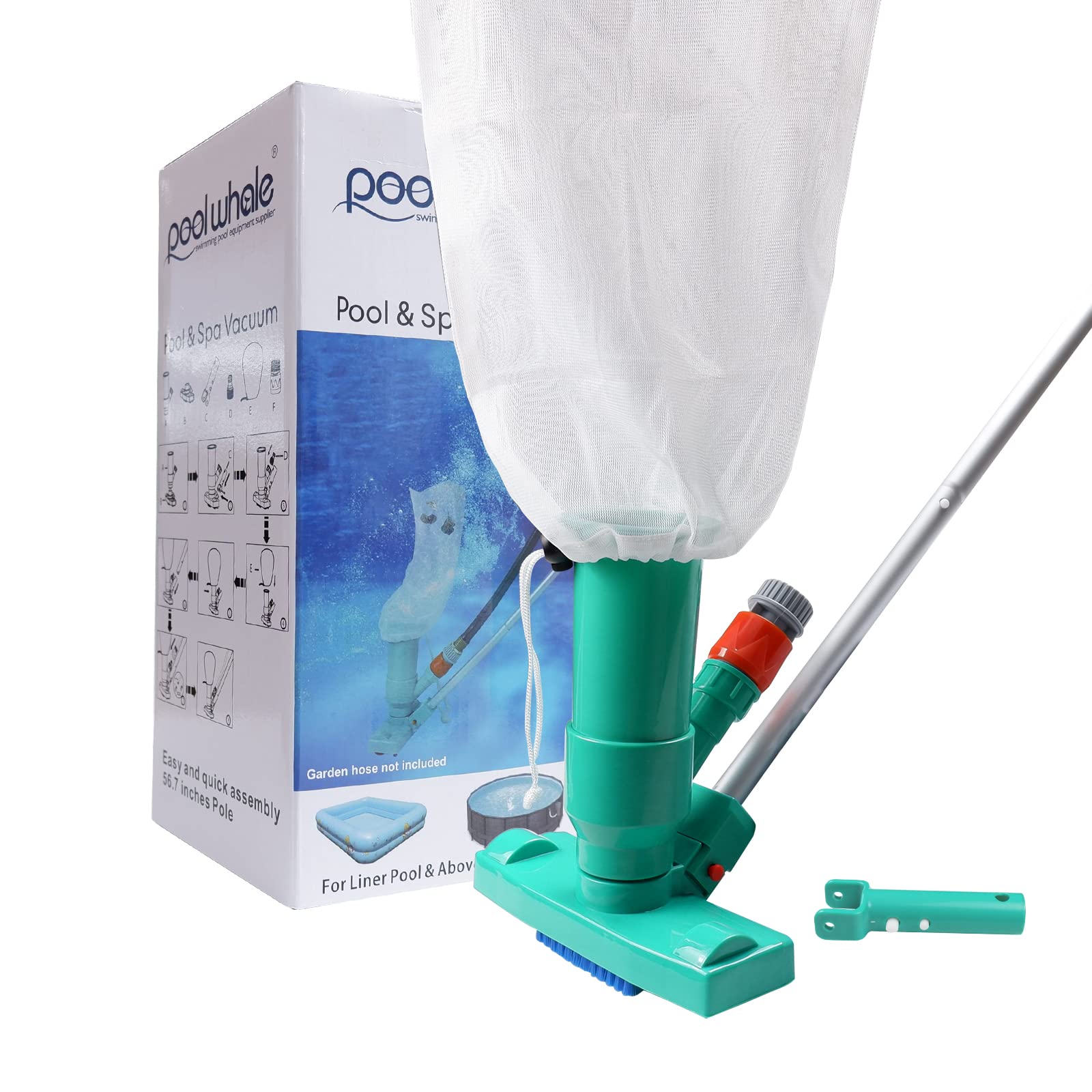 POOLWHALE mini jet vac brush cleans pool bottoms with debris removal.