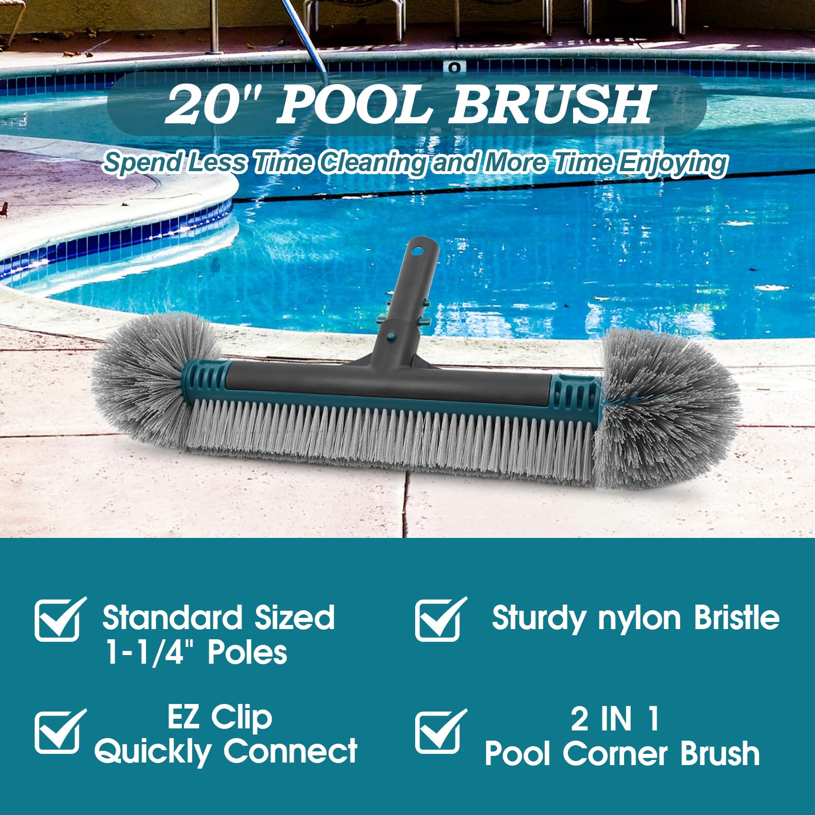 PoolWhale nylon bristles are durable for tough grime without scratching surfaces.