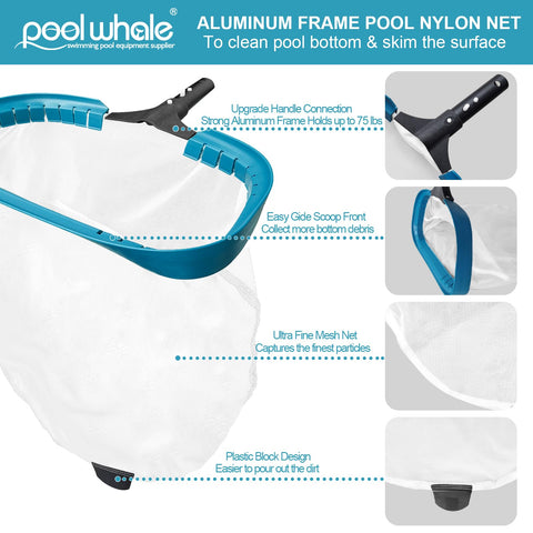 POOLWHALE pool net angled front lip helps scoop leaves efficiently.