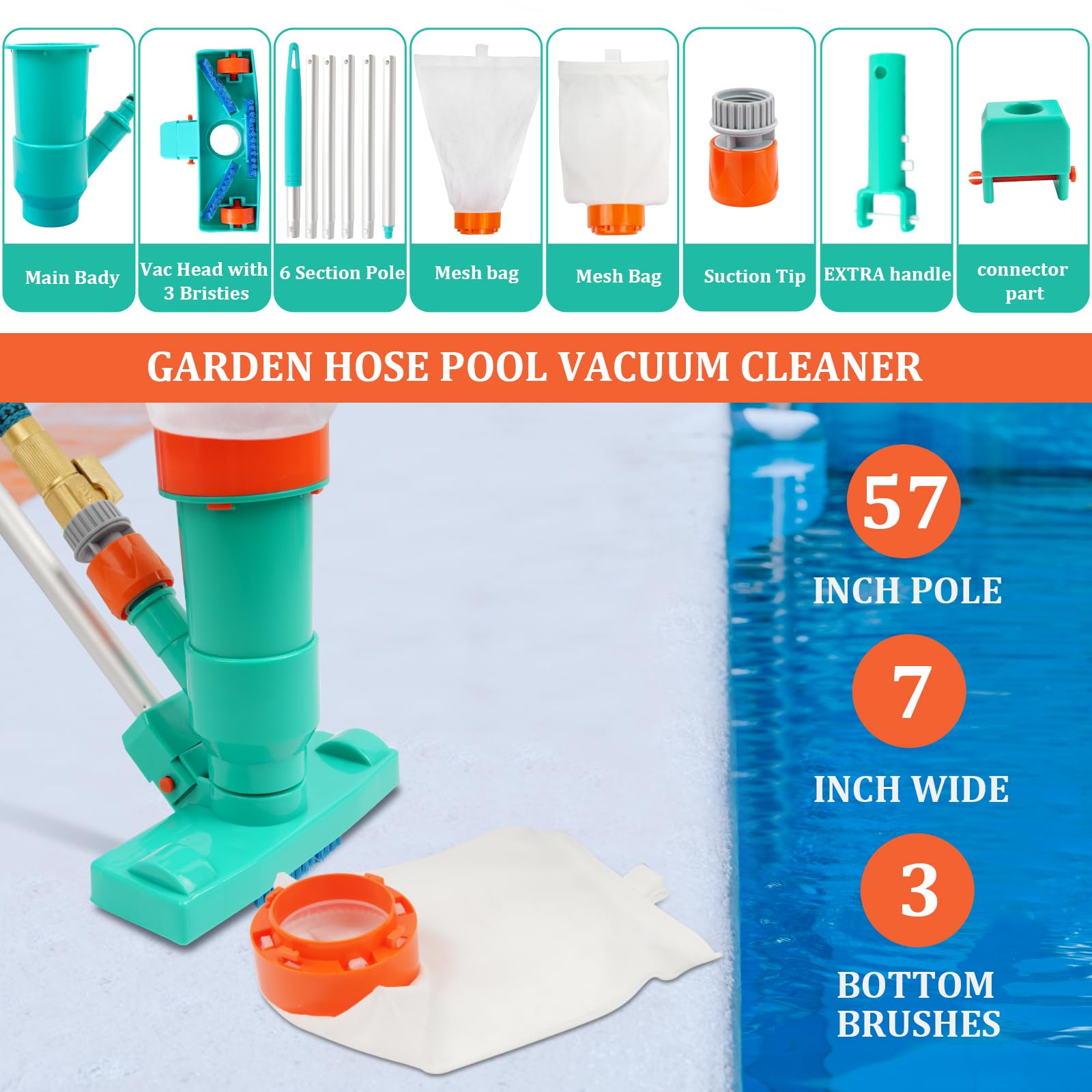 PoolWhale vacuum jet assembly with 6-section pole for extended reach