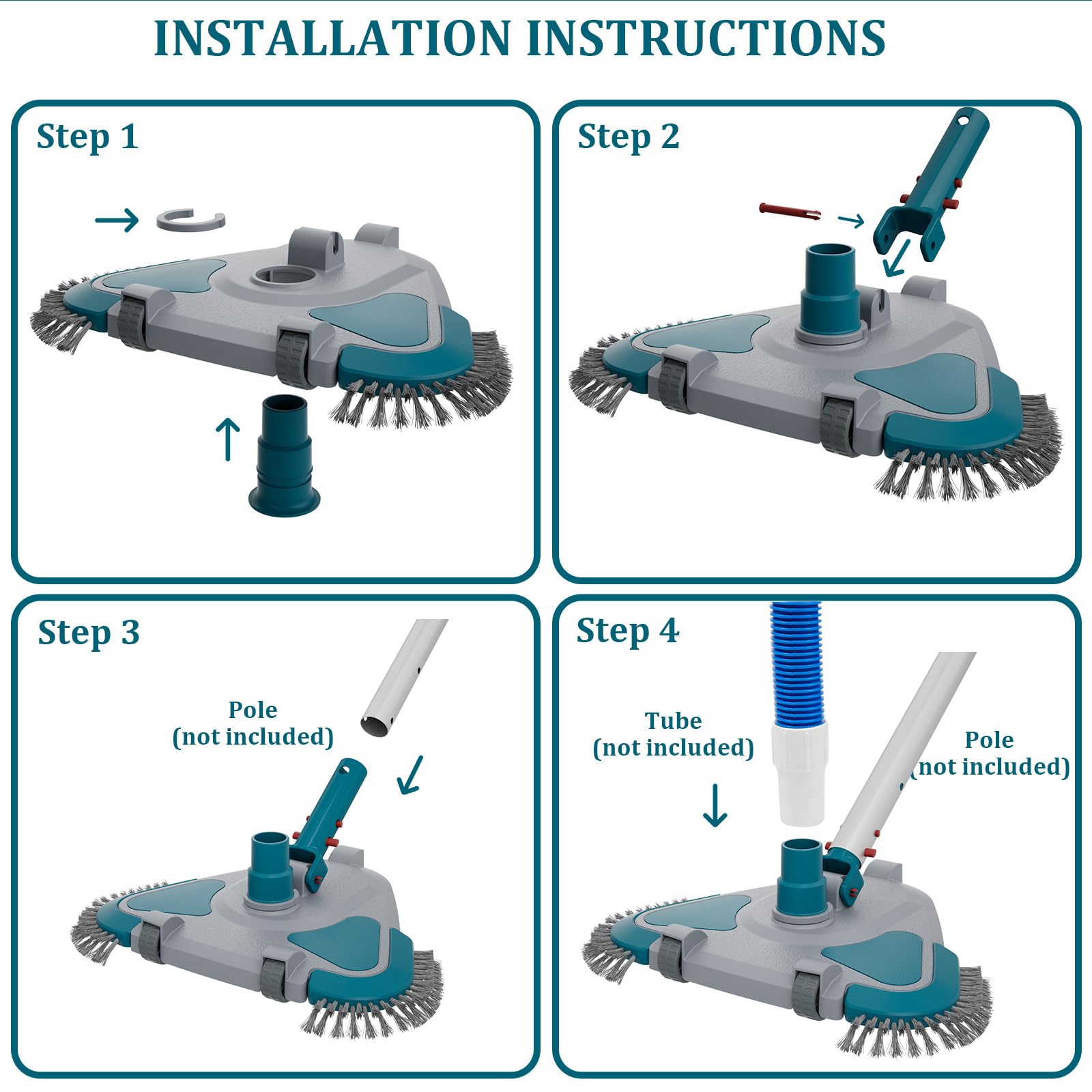 POOLWHALE universal hose connection fits standard 1.25–1.5 inch hoses.