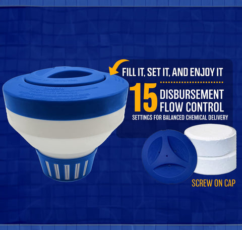 Poolzilla Deluxe Feeder shows 7-inch dimensions and 1–3 inch tablet compatibility.