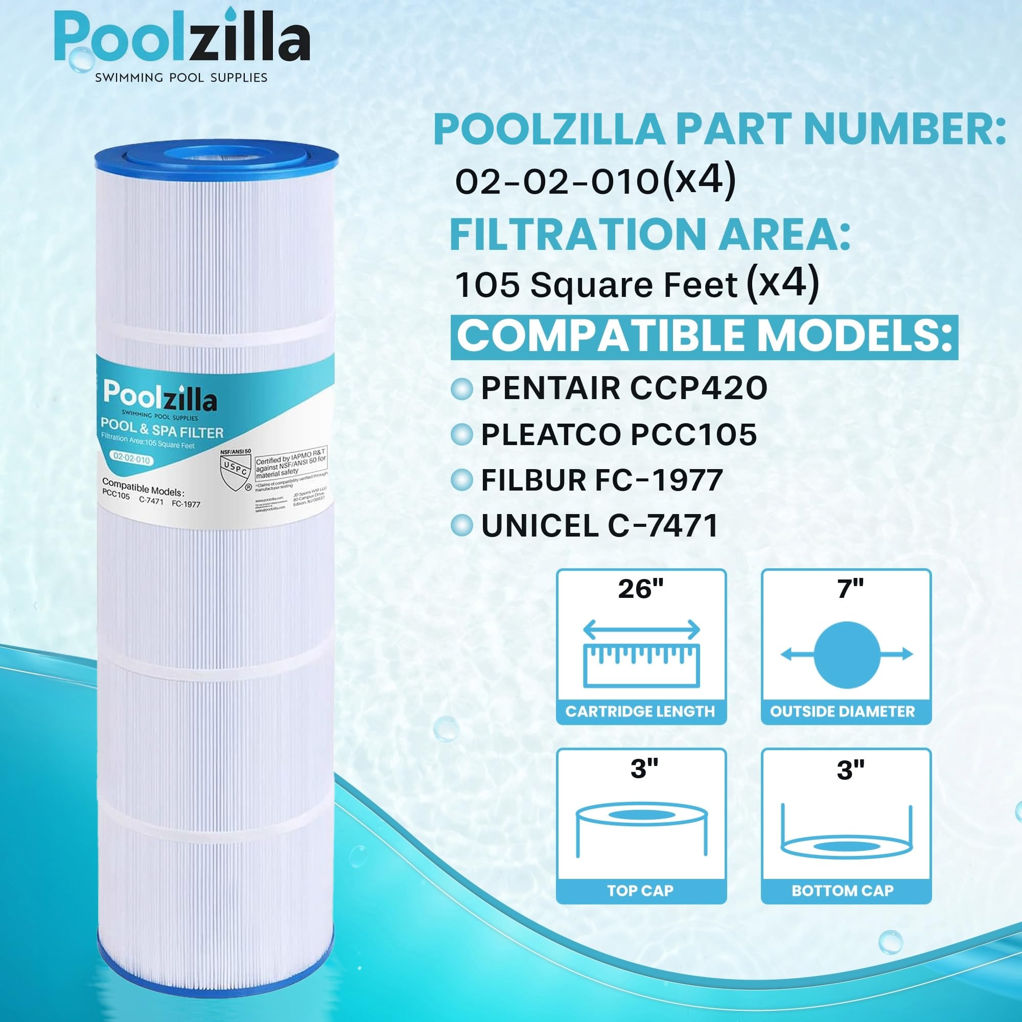 Poolzilla PCC105 cartridge fit for Unicel C-7471 ensuring debris capture