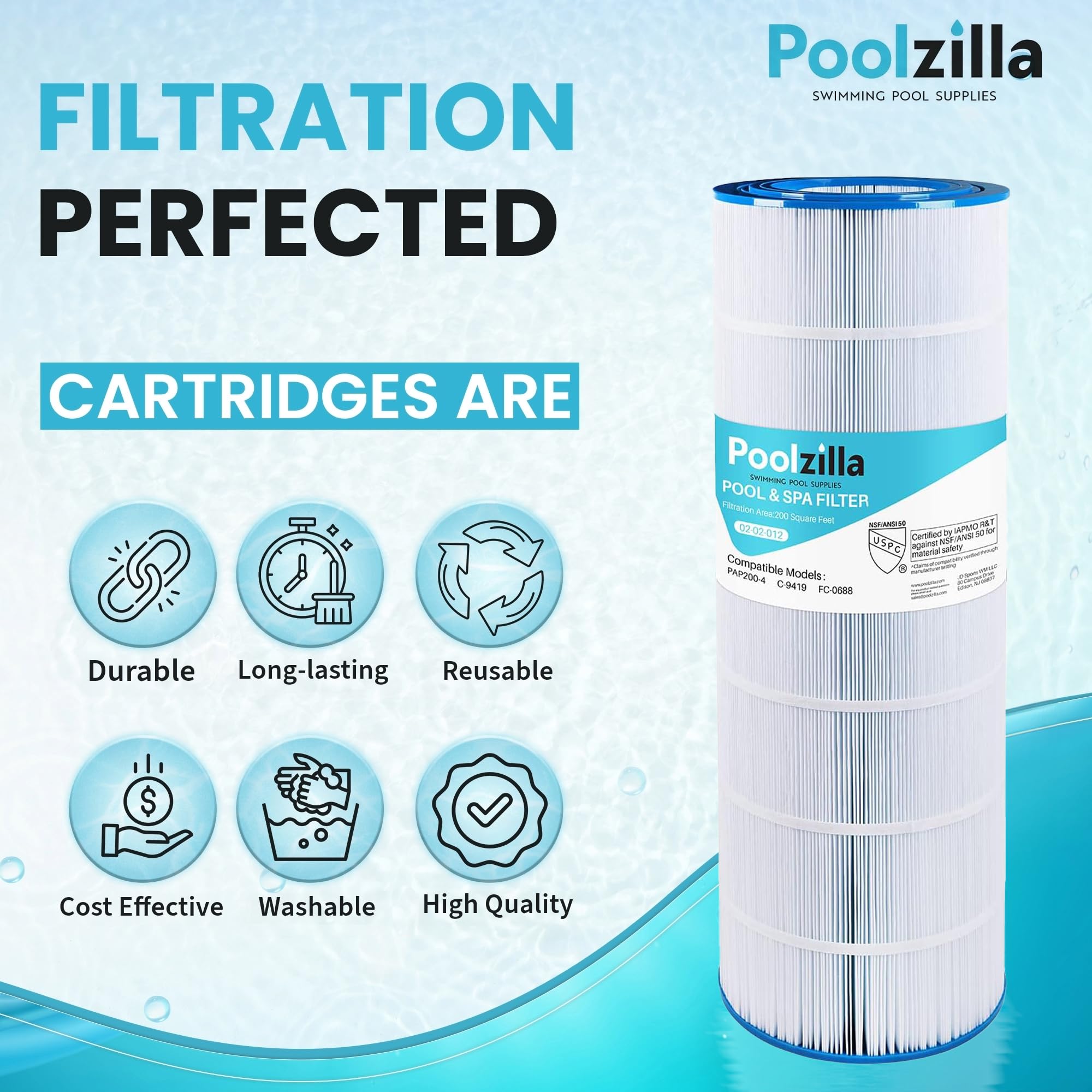 Poolzilla filter boosts water clarity by removing sediment and contaminants.