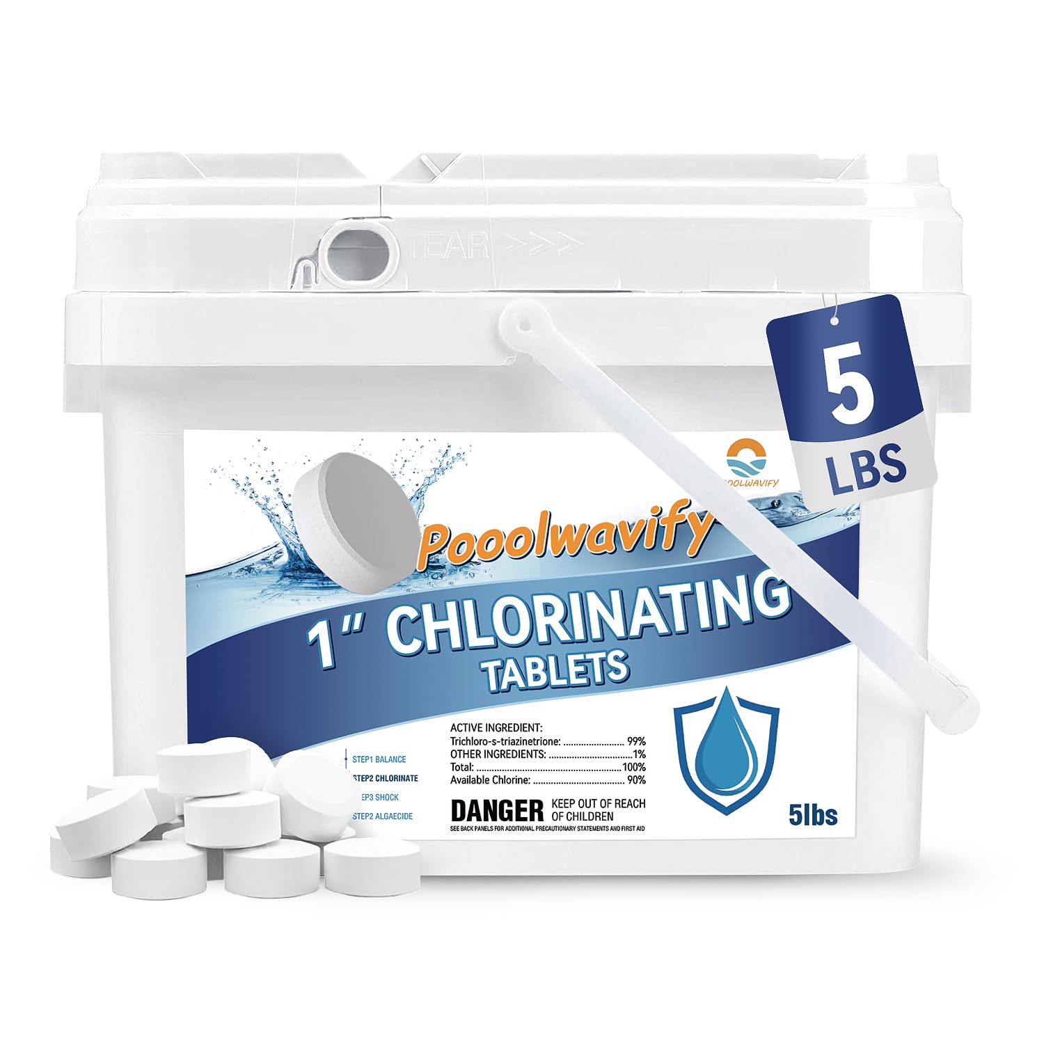 PooolWavify 1-inch chlorine tablet in a 5 lb bag ensuring steady pool disinfection.