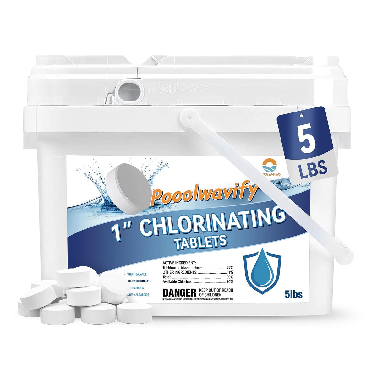 PooolWavify 1-inch chlorine tablet in a 5 lb bag ensuring steady pool disinfection.