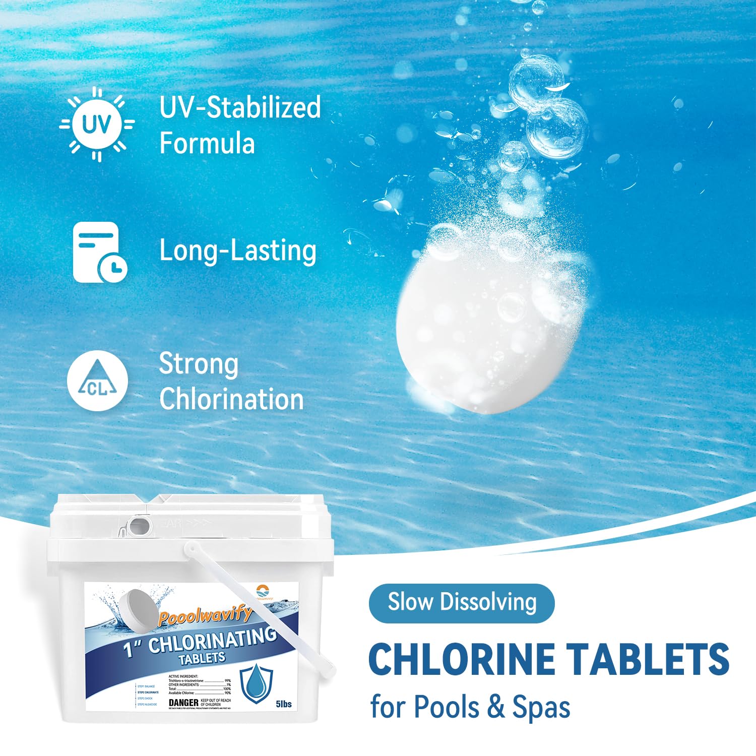 Sunlit outdoor pool with PooolWavify UV-stabilized tablets for outdoor use.