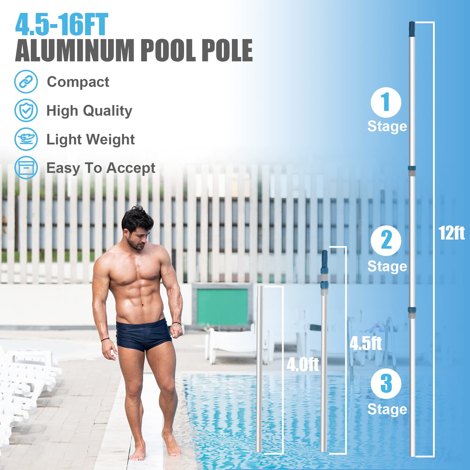 POOPLE Professional 16-foot pool pole adjustable length for versatile above-ground and in-ground maintenance.