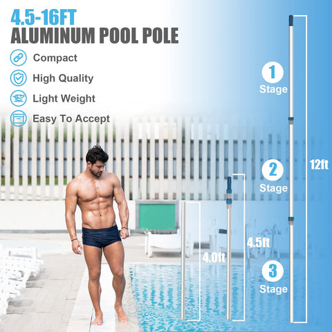 POOPLE Professional 16-foot pool pole adjustable length for versatile above-ground and in-ground maintenance.