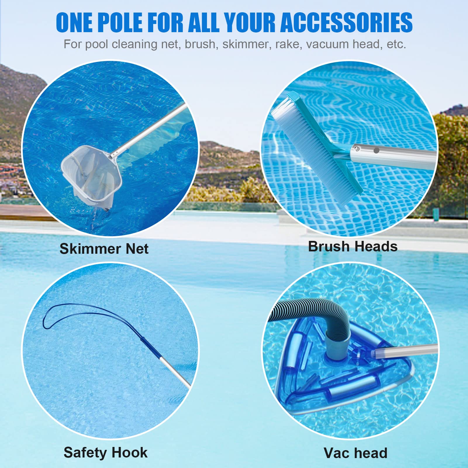POOPLE Professional 16-foot pool pole stores easily with compact design and lightweight construction.