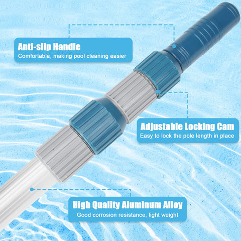 POOPLE Professional 16-foot pool pole features water drain holes to prevent siphoning during use.