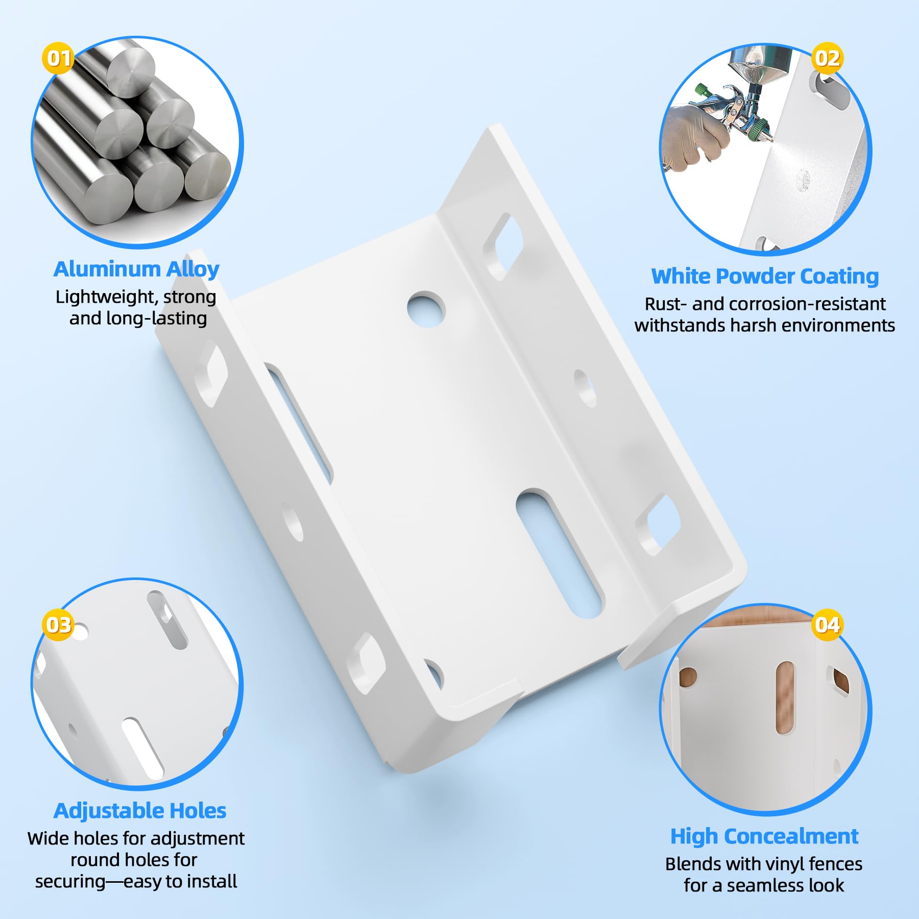 POOWEE white bracket blends with vinyl fences for seamless look