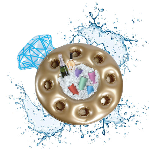 Pop Fizz Designs ring pool bar with drinks, ideal for poolside refreshment.