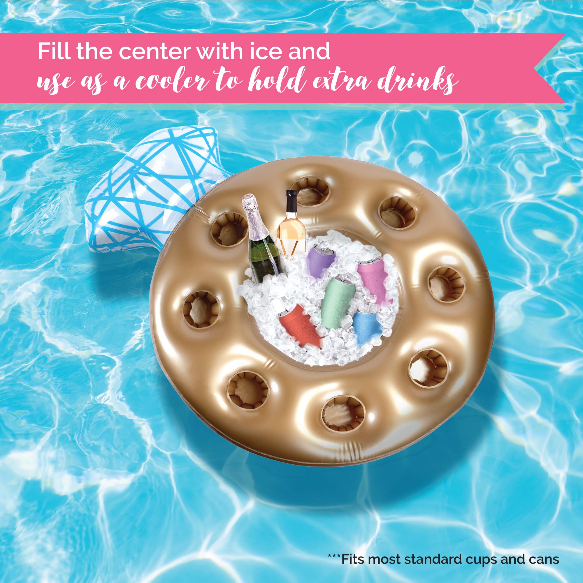 Pop Fizz Designs ring pool bar ice cooler keeps drinks icy and fresh.