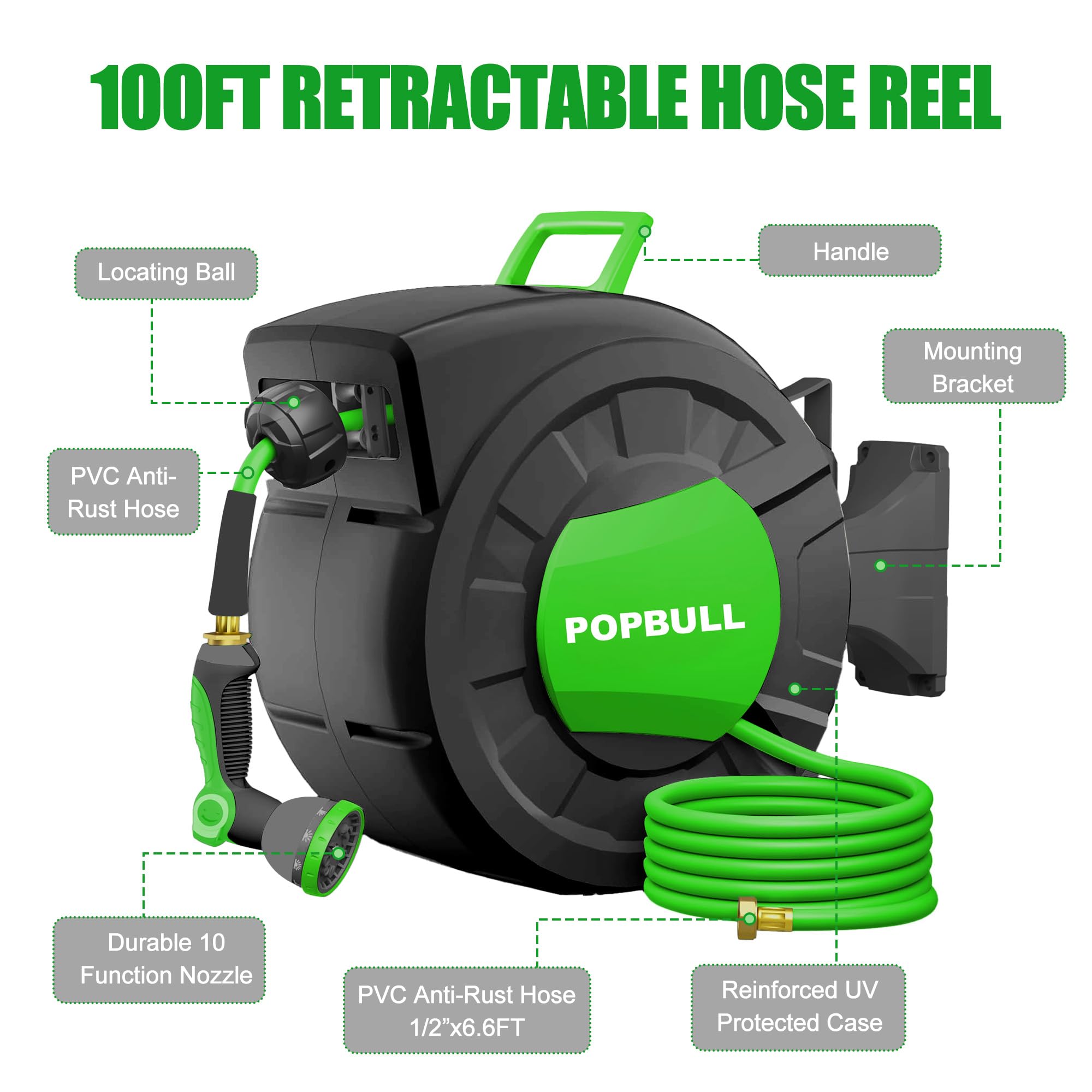 POPBULL auto-rewind system keeps hoses neatly stored after use.