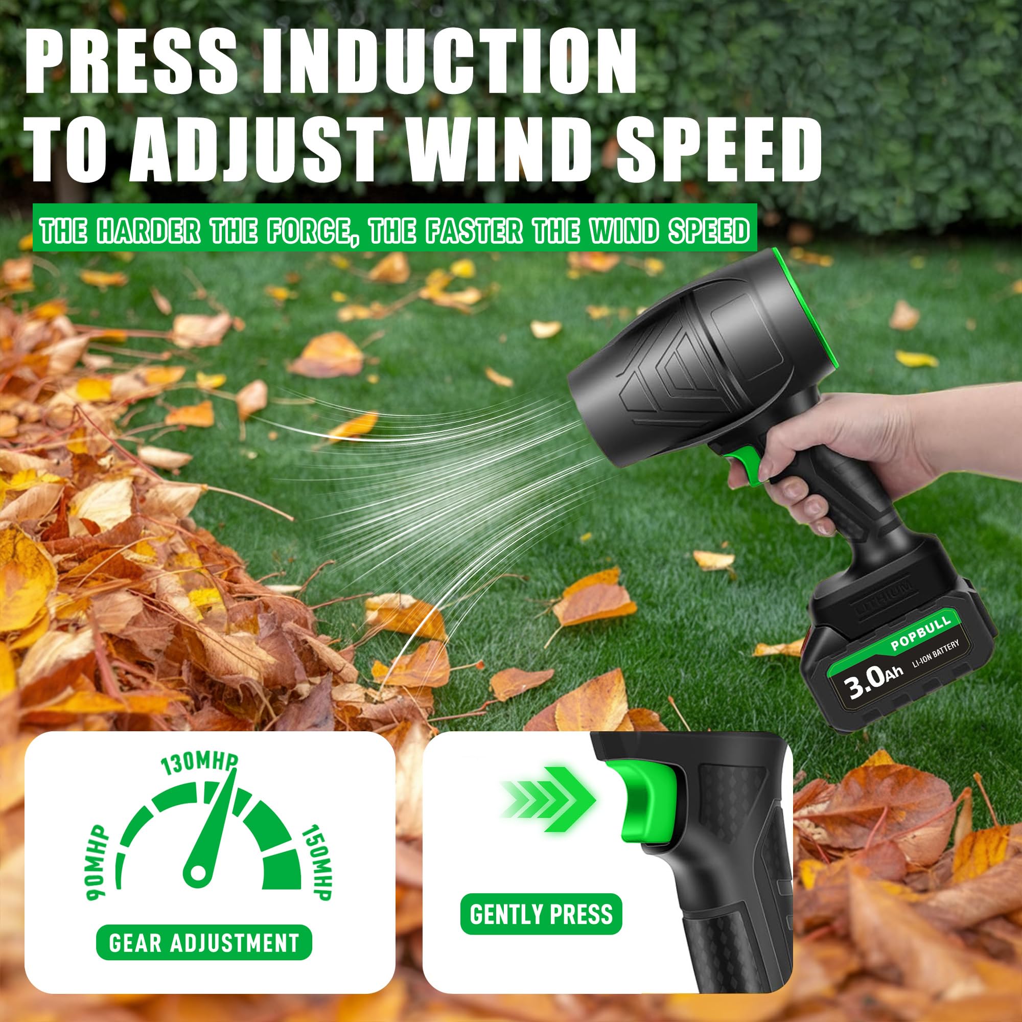 POPBULL Leaf Blower with fast charger for quick recharging between tasks.
