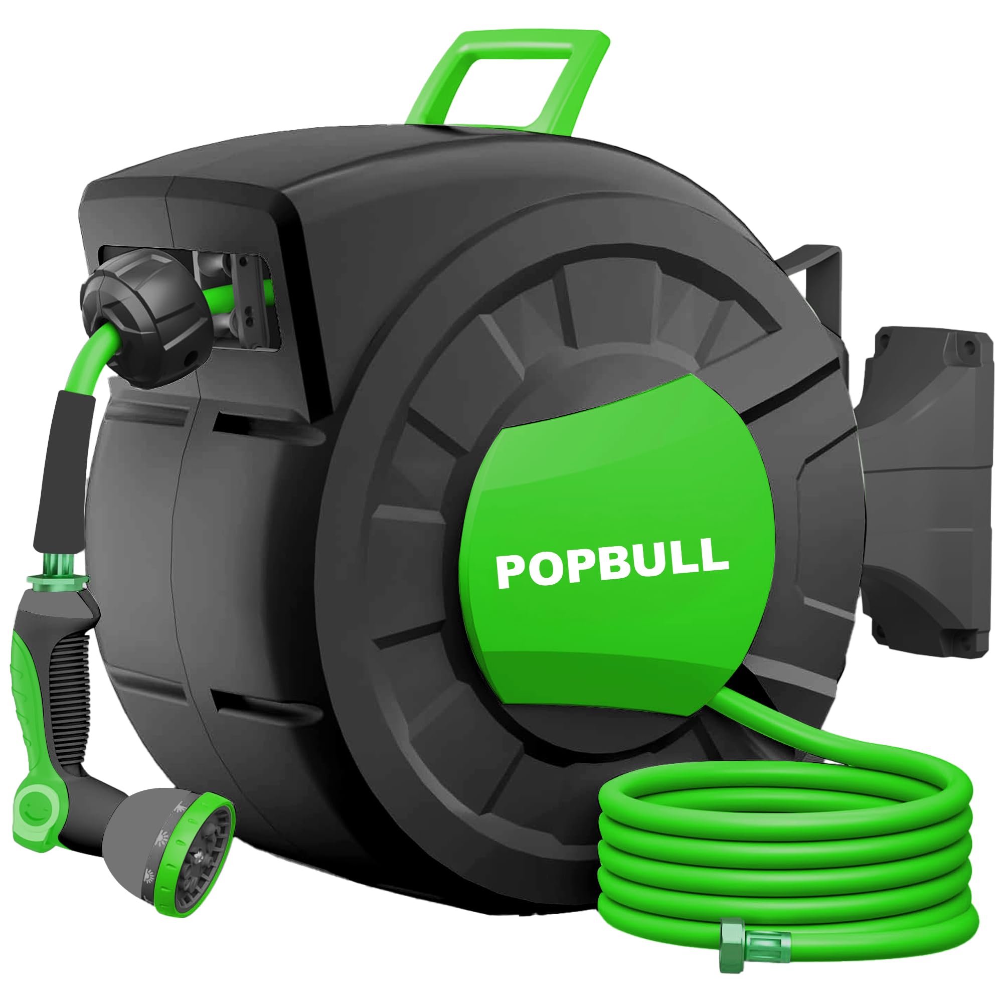 POPBULL retractable hose reel 100ft on wall for tidy watering.