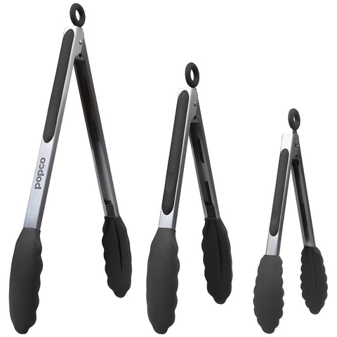 Popco 3-piece tongs set in three sizes for versatile kitchen tasks.