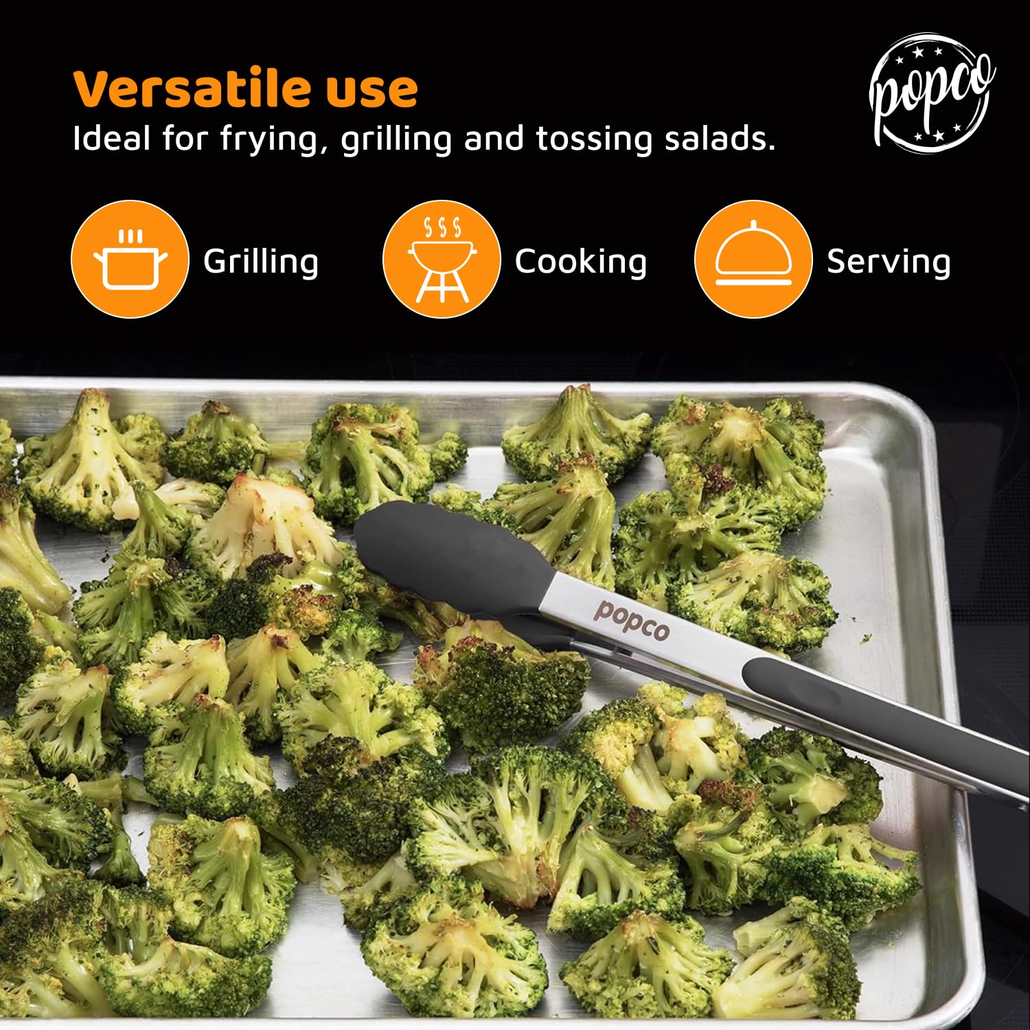 Popco dishwasher-safe tongs simplify cleanup after cooking.