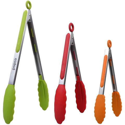 POPCO 7-inch tongs with silicone tips for precise flipping without scratching.