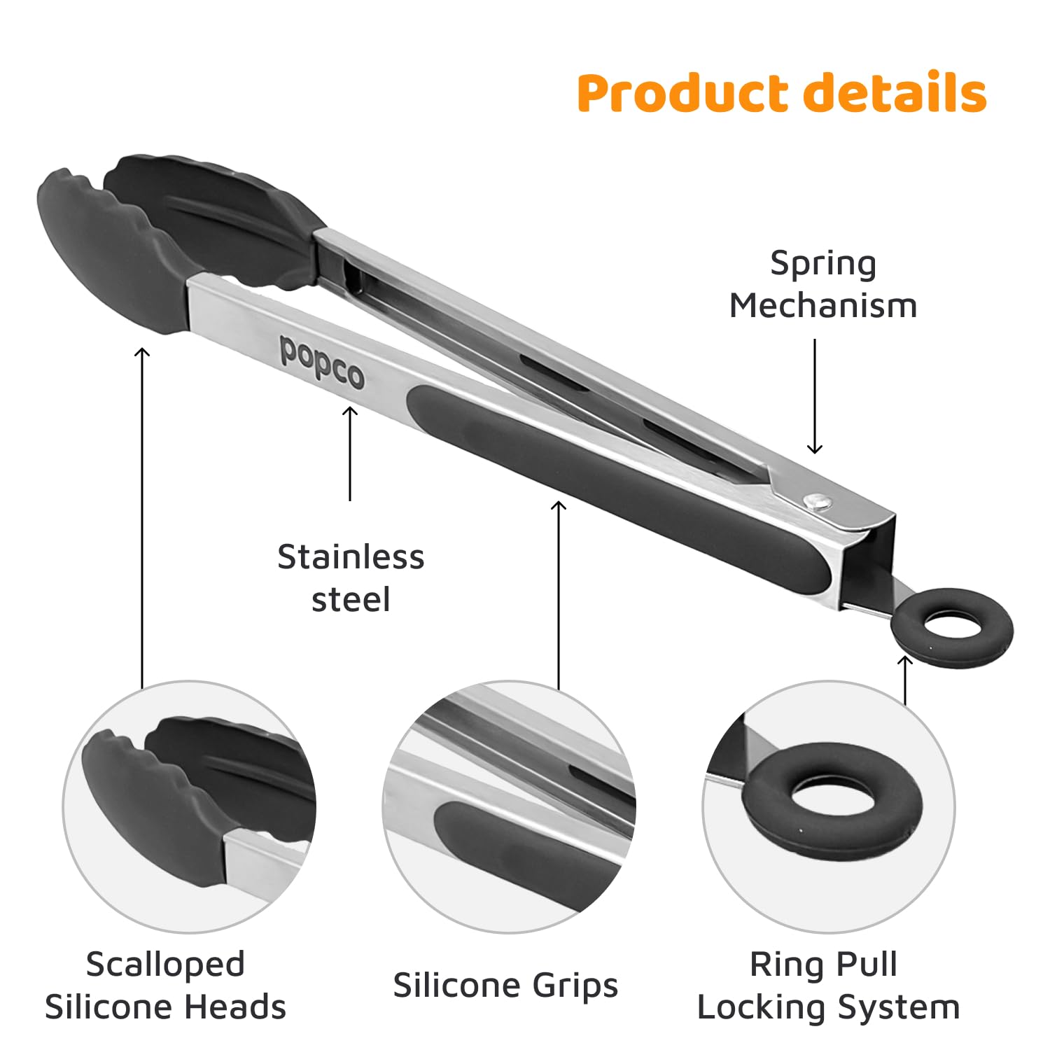 Popco tongs handle pasta and meat with precision.
