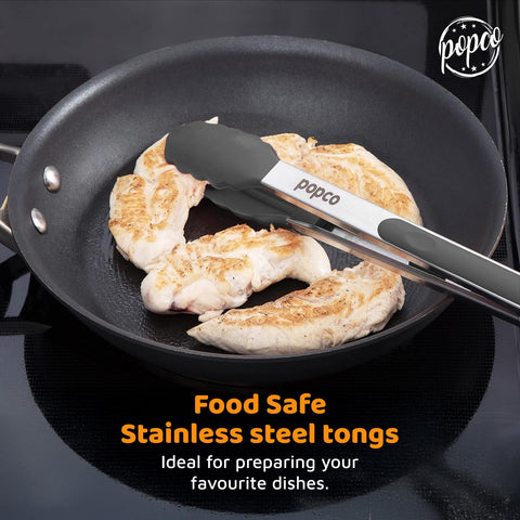 Popco silicone tips protect nonstick pans while gripping hot foods.