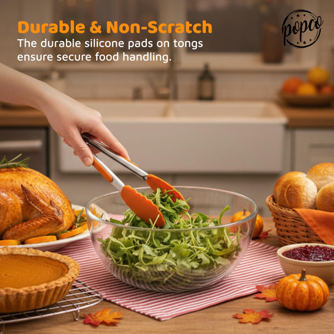 POPCO silicone-tip tongs protect nonstick cookware during cooking.