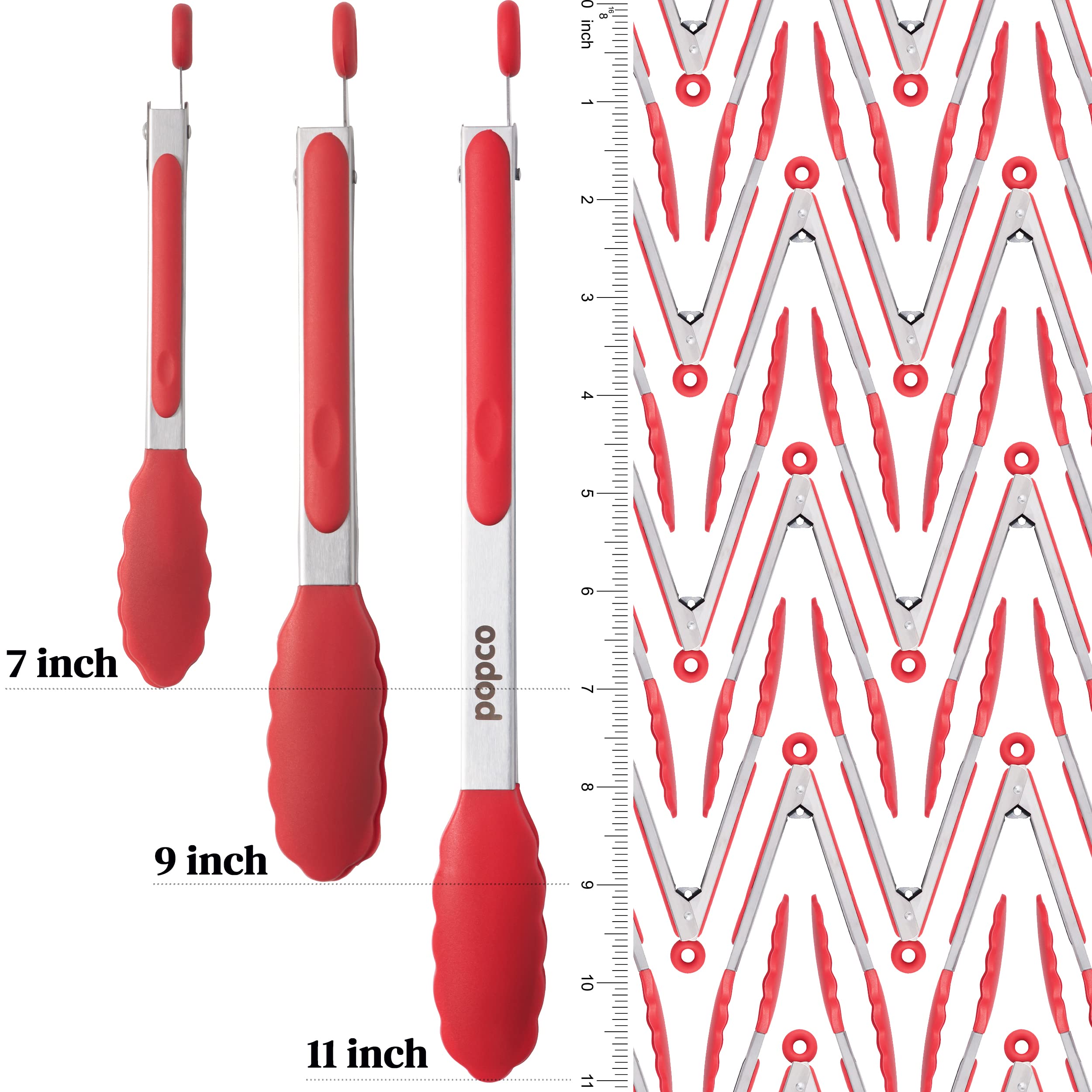 POPCO 9-inch tongs with silicone tips for grilling control.