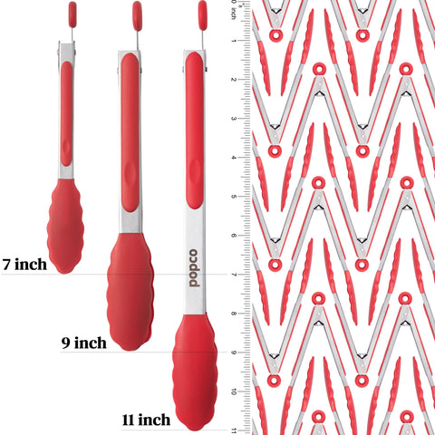 POPCO 9-inch tongs with silicone tips for grilling control.