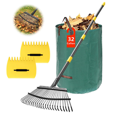 PoPoHoser leaf rake with 25 tines for fast lawn leaf gathering.