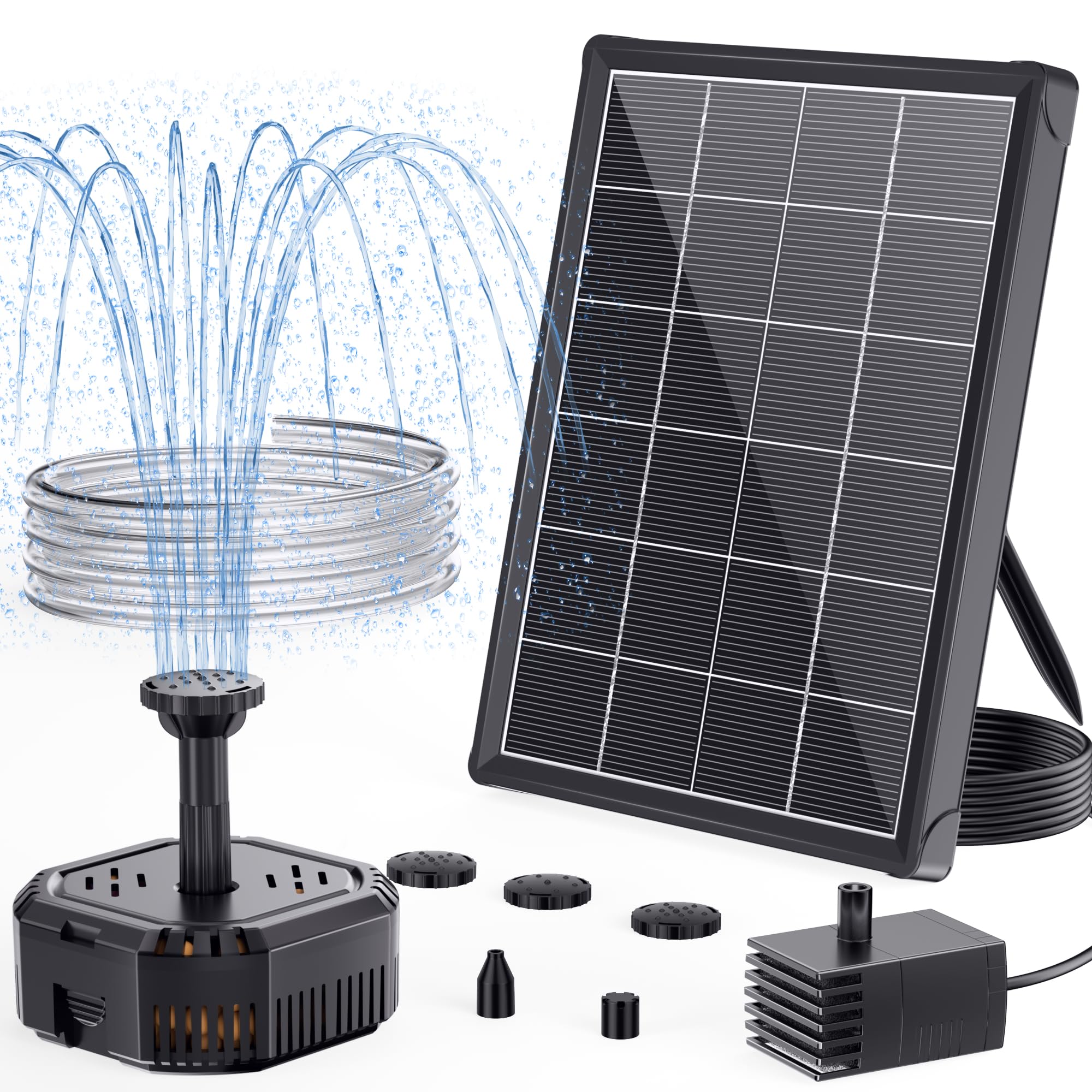 POPOSOAP 4W solar fountain pump in a sunlit garden setting.