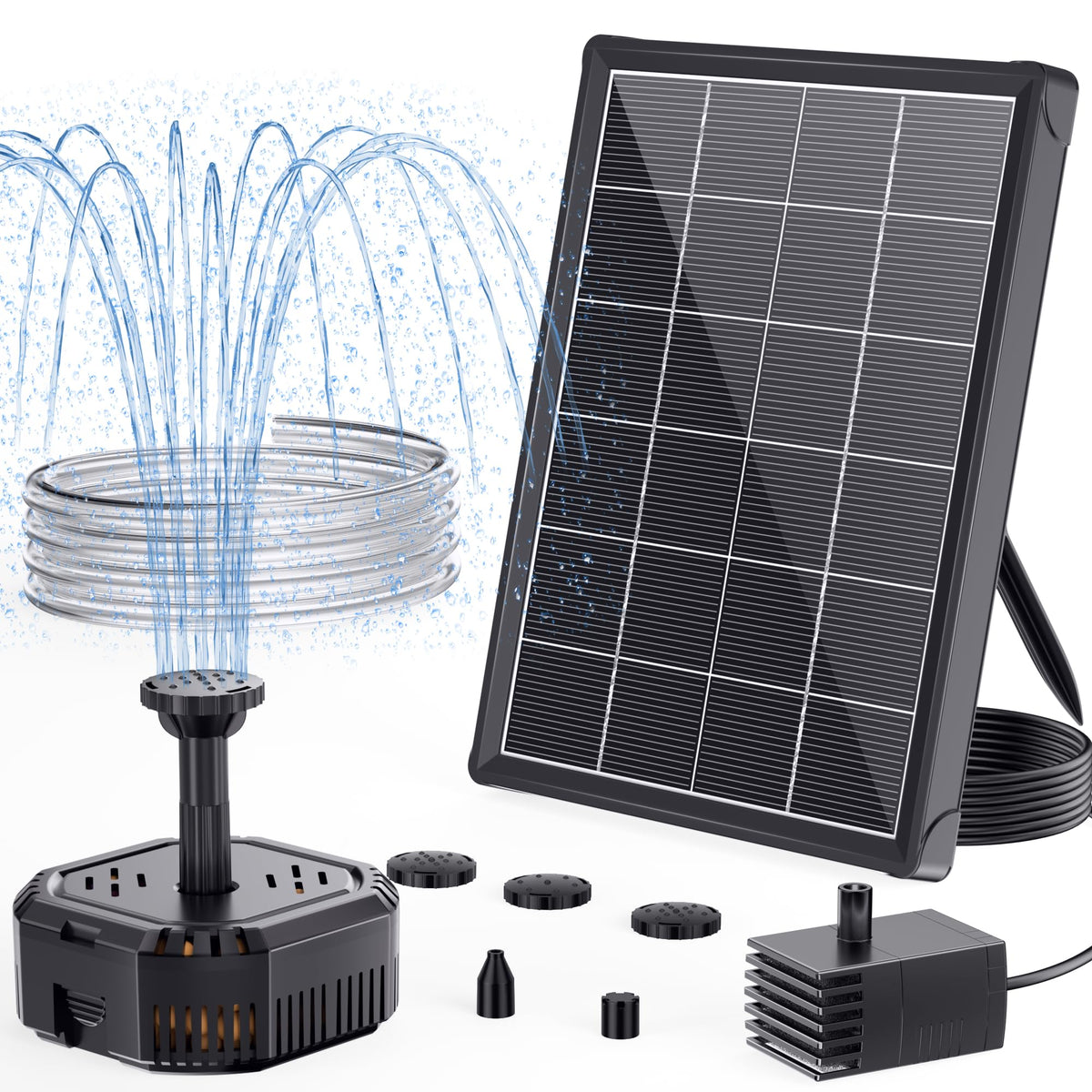 POPOSOAP 4W solar fountain pump in a sunlit garden setting.