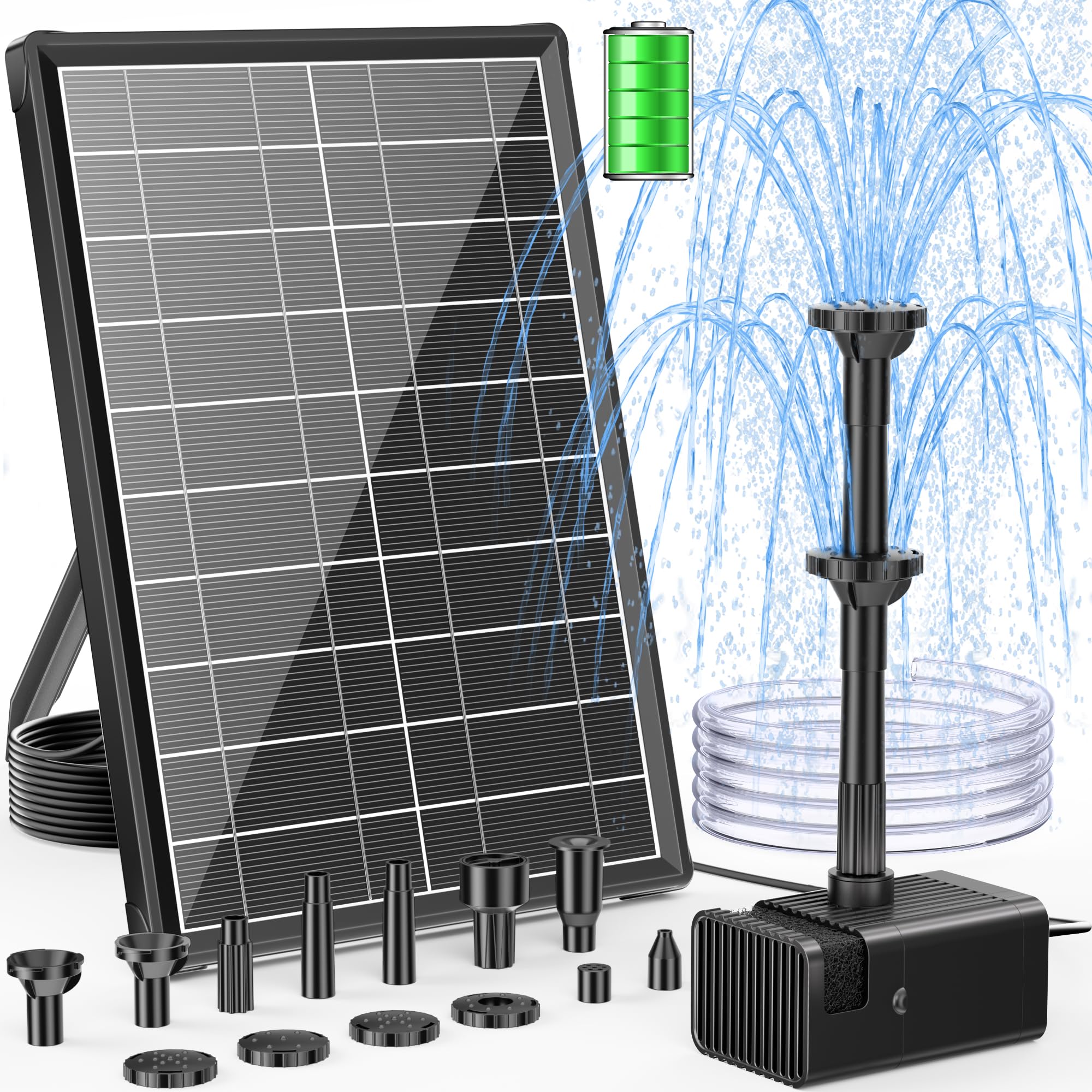 POPOSOAP 8W solar panel powering a bird bath fountain in bright sun