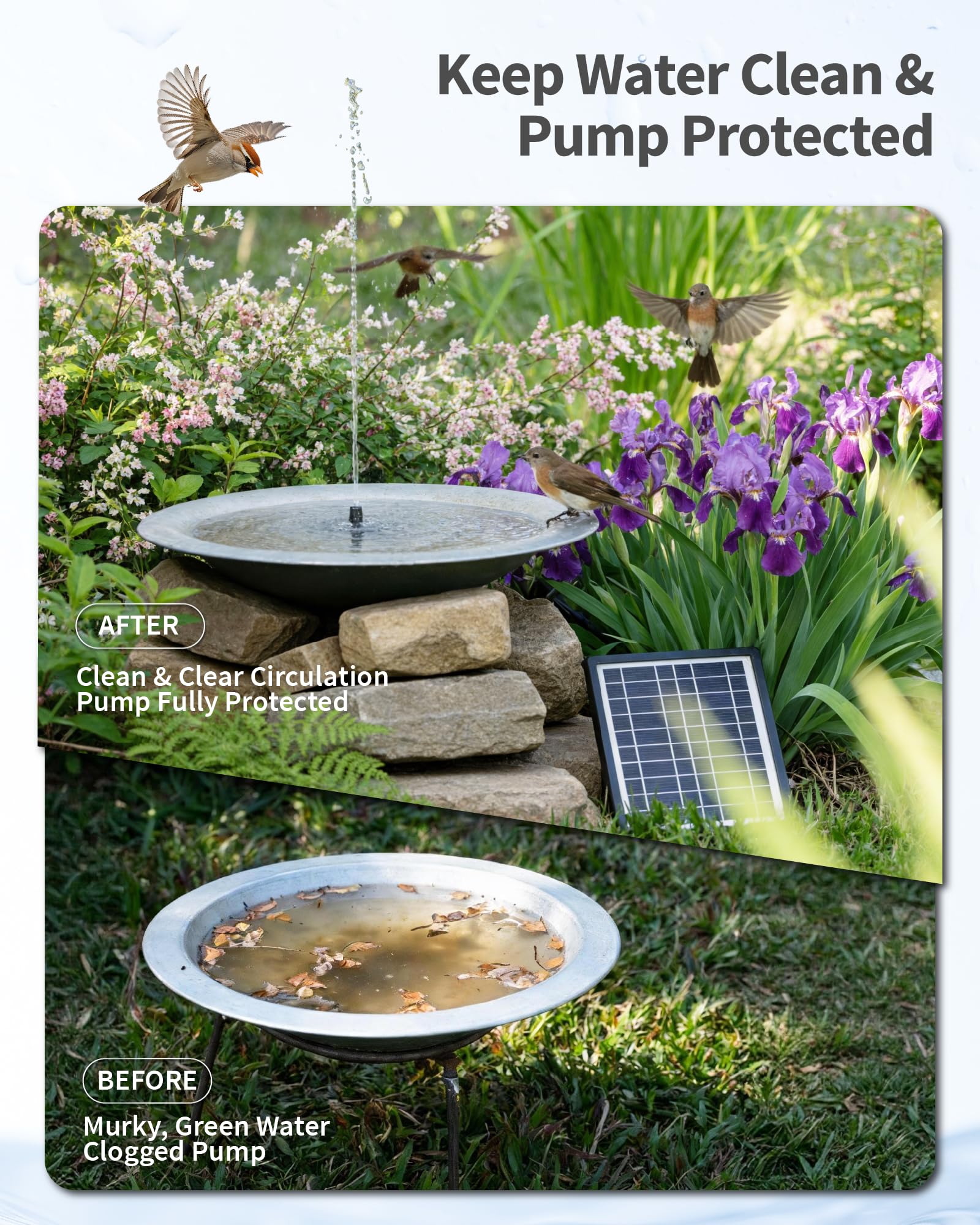 POPOSOAP solar pump with built in 3600mAh battery backup for cloudy days.