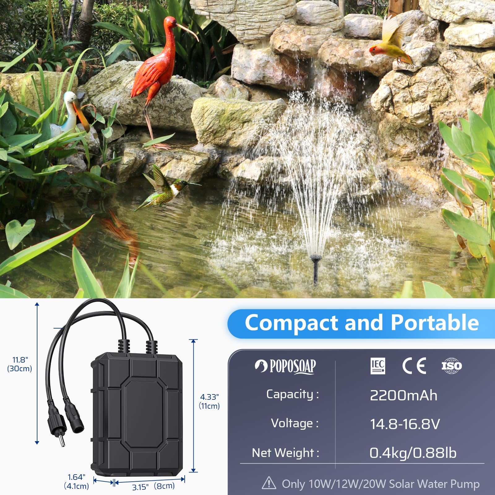 POPOSOAP battery backup compact dimensions fit into small outdoor spaces.