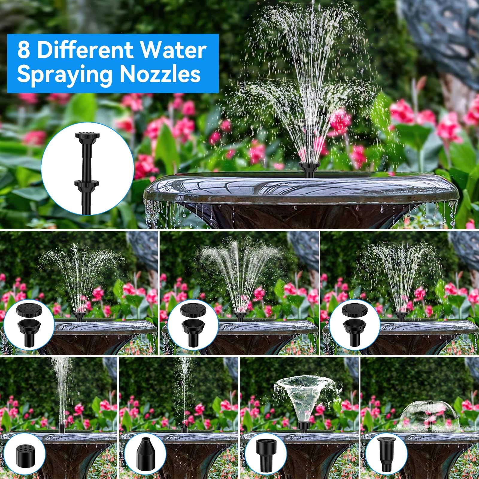POPOSOAP eight spray modes offer varied fountain effects.
