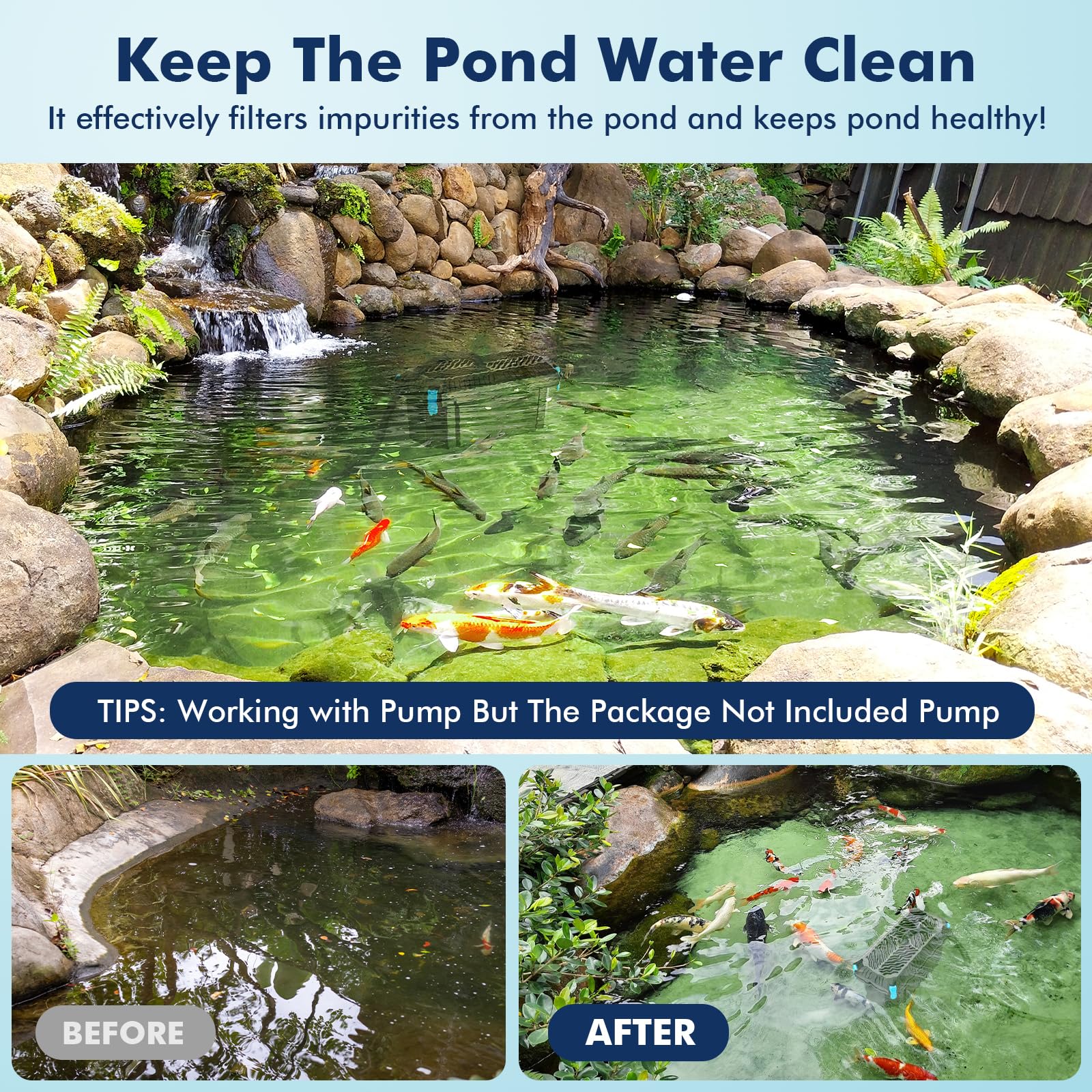 POPOSOAP pond filter box coarse filter pad traps larger debris for easier cleanup.