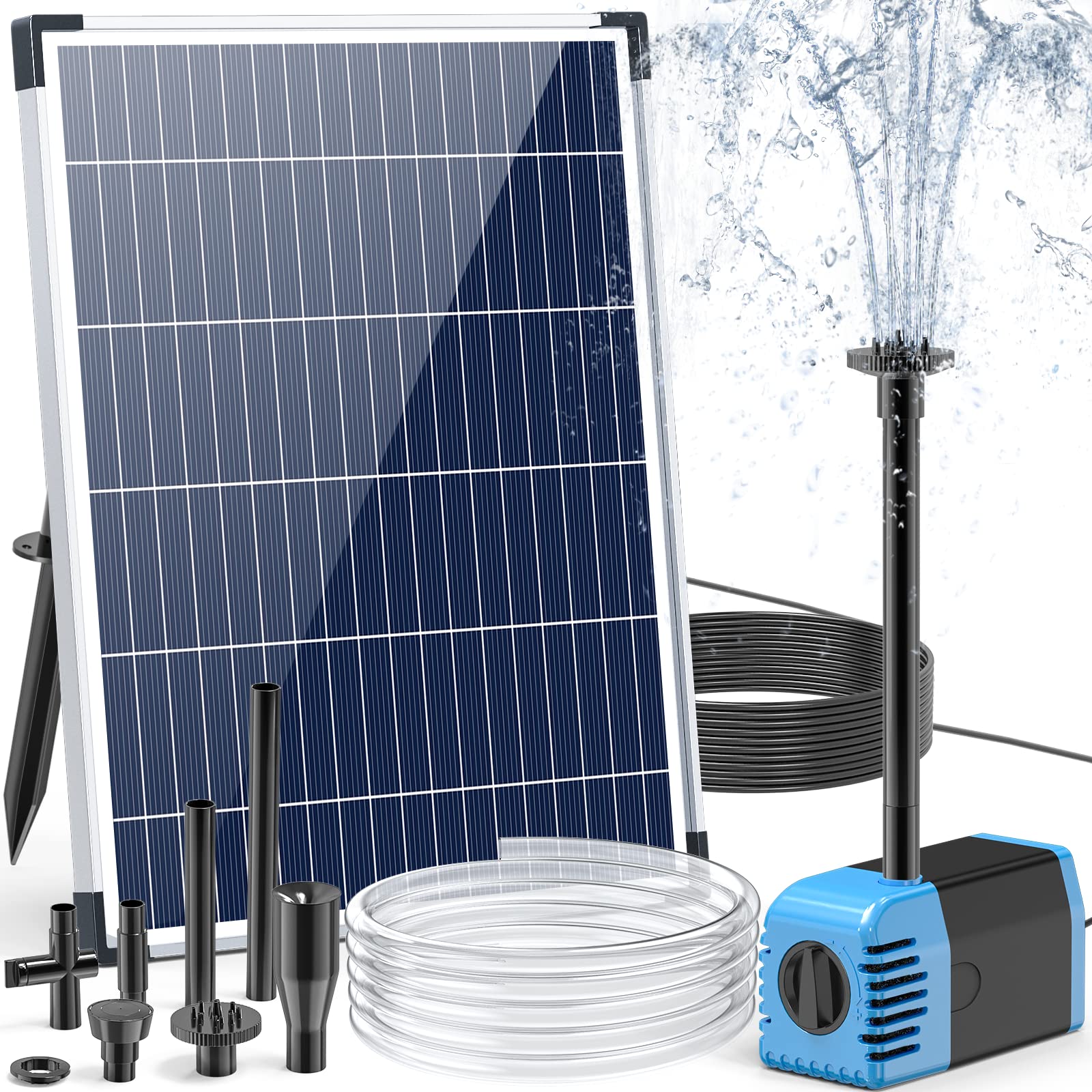 Poposoap solar fountain pump 12W powering an outdoor water feature