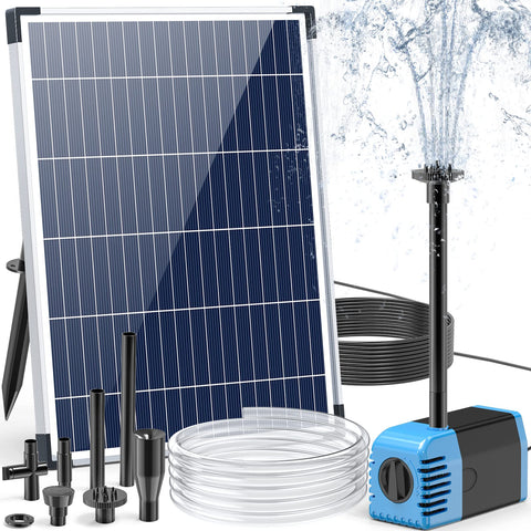 Poposoap solar fountain pump 12W powering an outdoor water feature