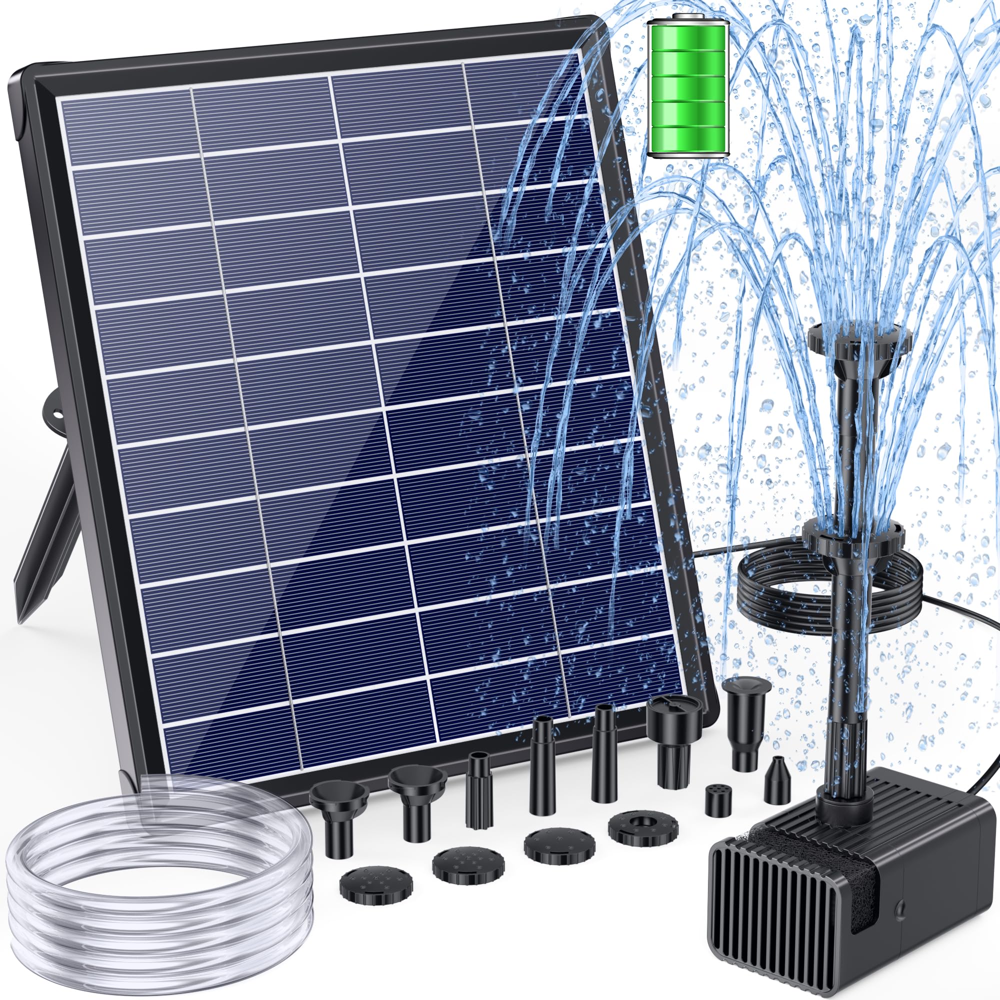 POPOSOAP solar panel with built-in battery powering continuous fountain.