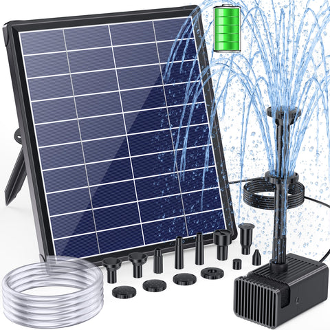 POPOSOAP solar panel with built-in battery powering continuous fountain.