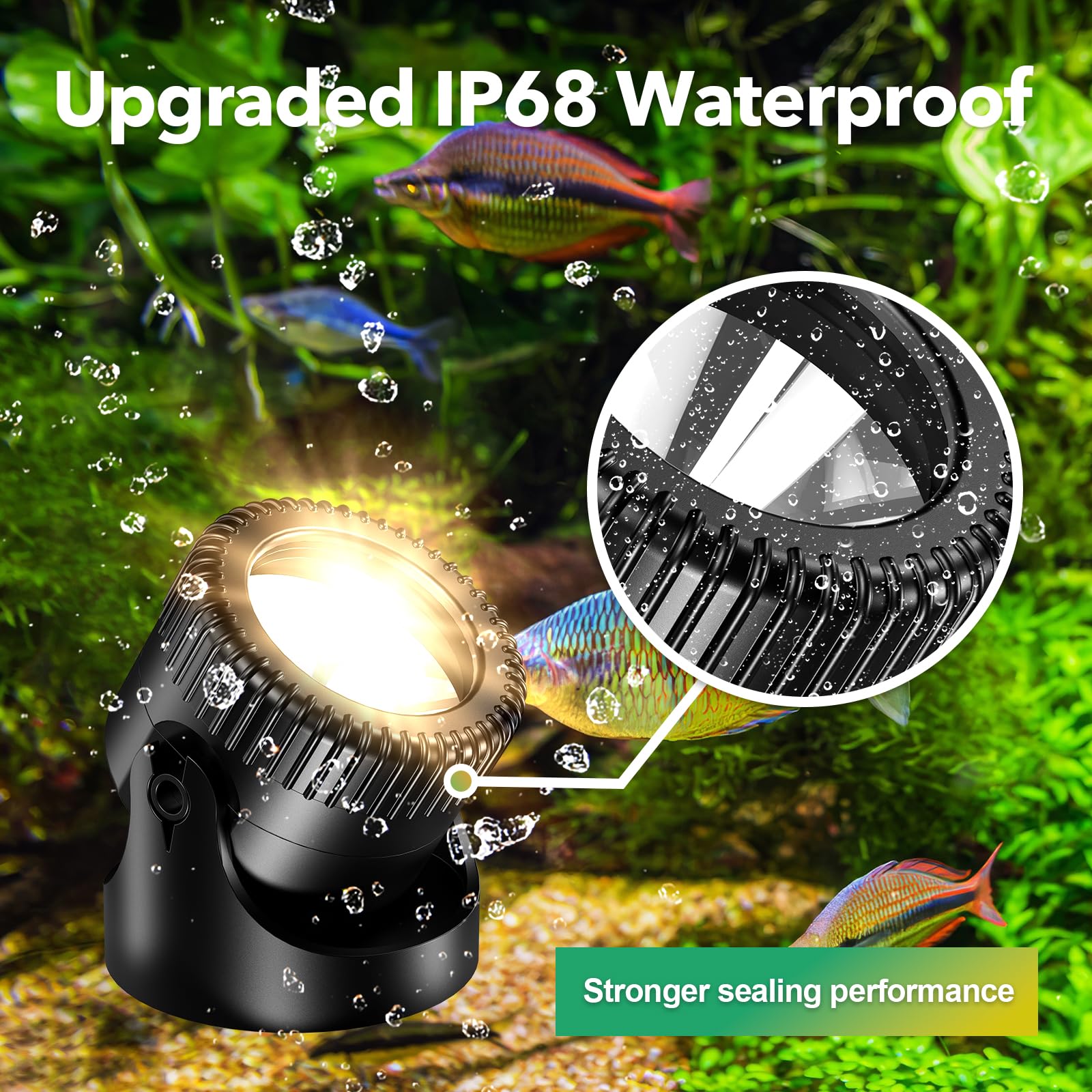 IP68 waterproof design suitable for outdoor pond lighting.