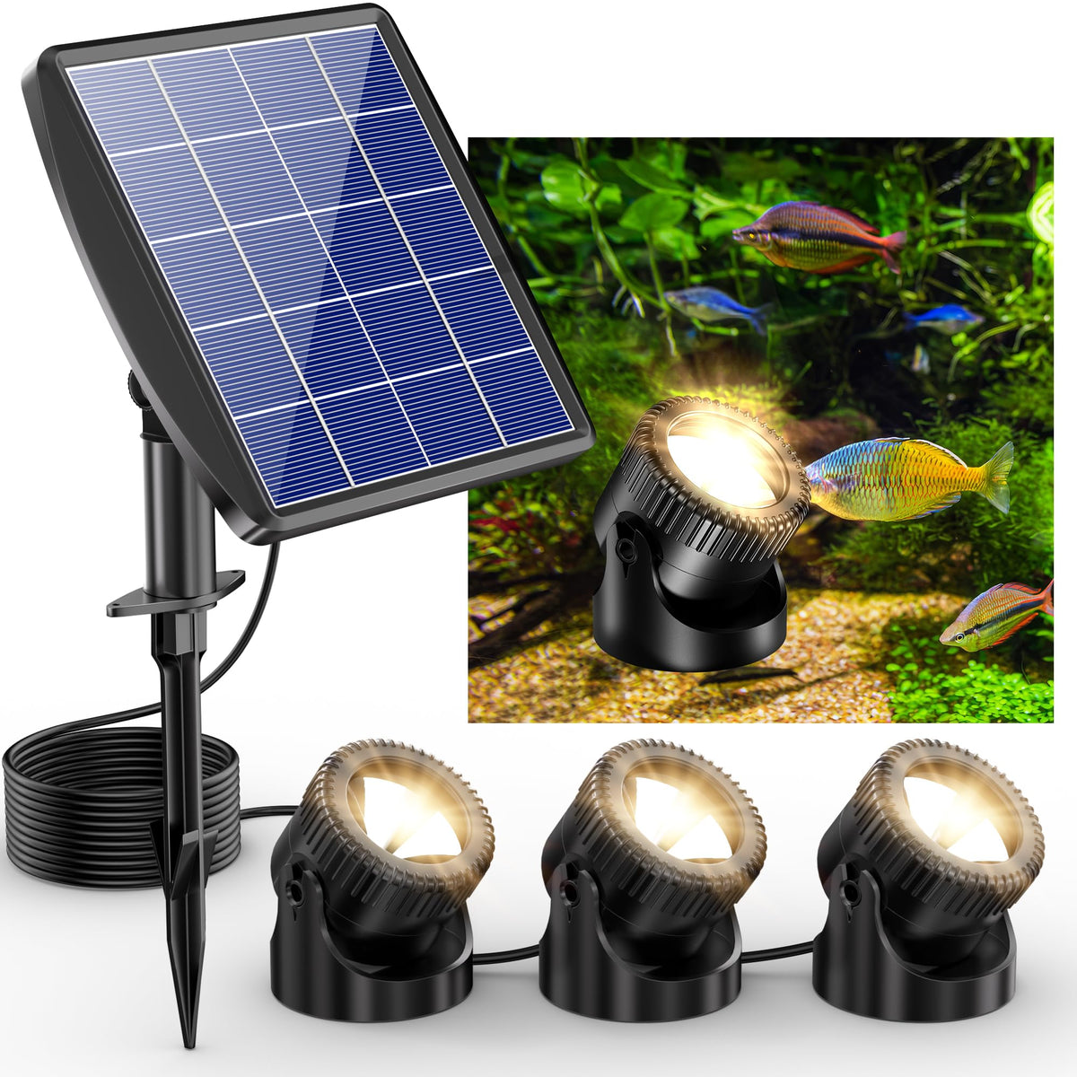 POPOSOAP solar pond lights panel and three heads lighting a water feature.