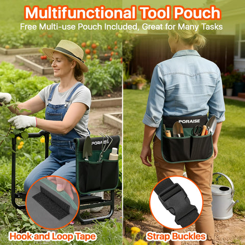 Poraise Garden Kneeler and Seat detachable tool organizer bag keeps tools handy.