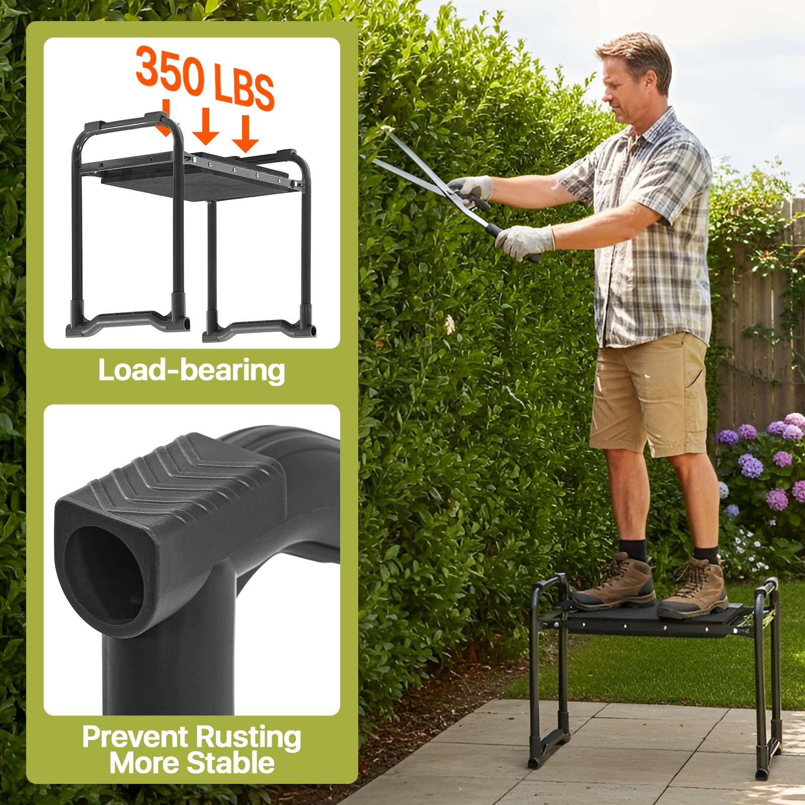 Poraise Garden Kneeler and Seat non-slip rubber feet grip surfaces.