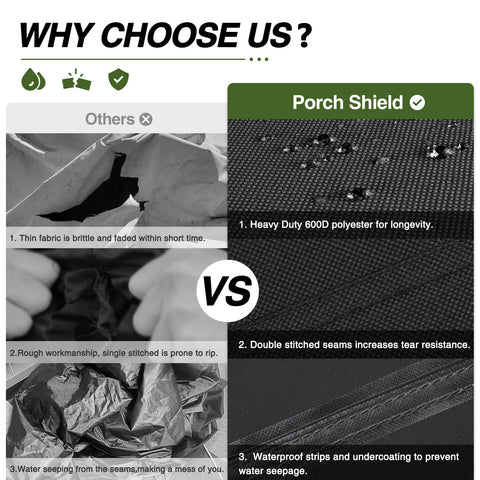 Porch Shield 600D polyester with waterproof coating withstands sun and rain.