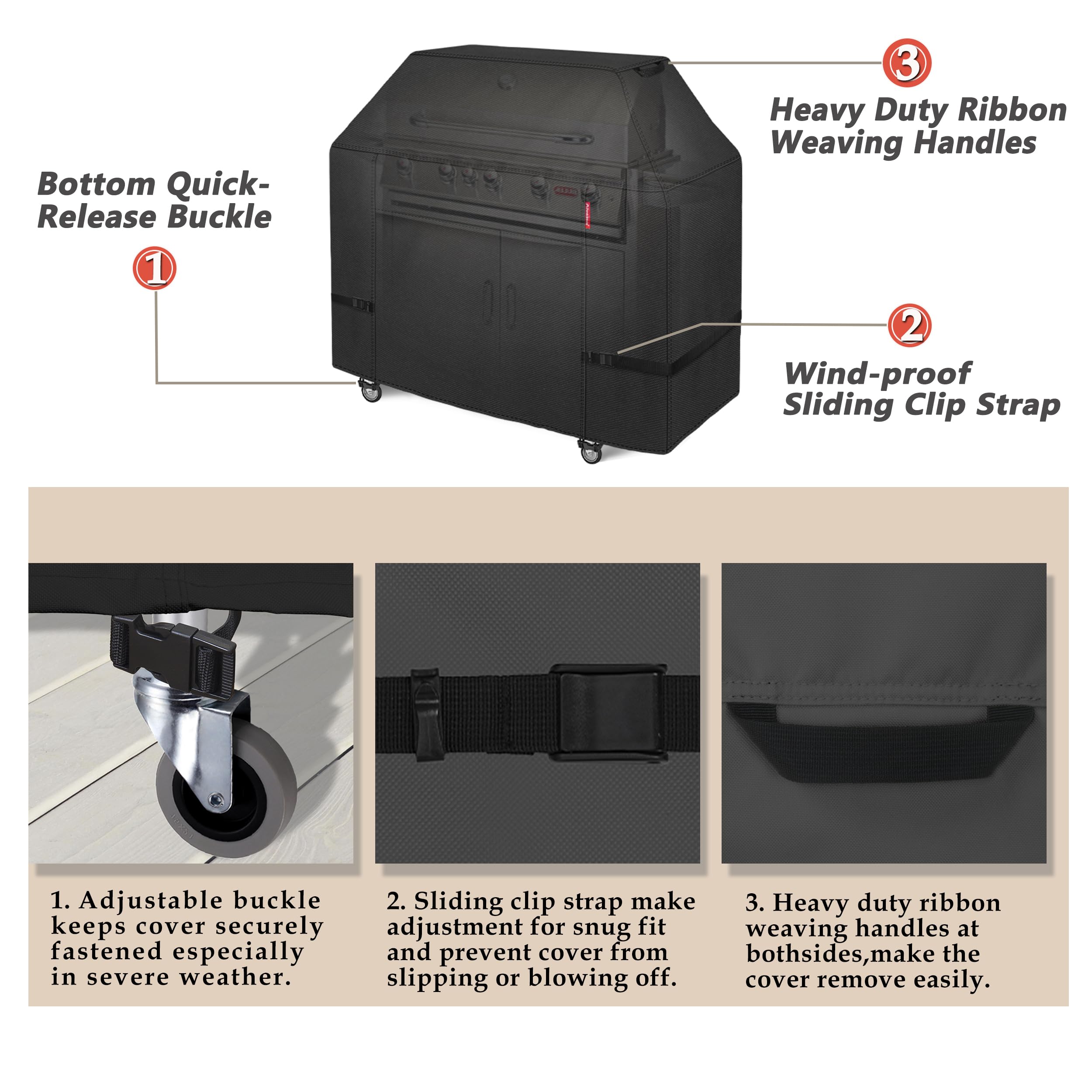 Porch Shield adjustable click-close straps secure against wind.