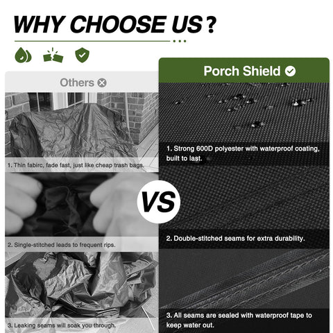 Porch Shield adjustable click-close straps provide a snug wind-resistant fit.