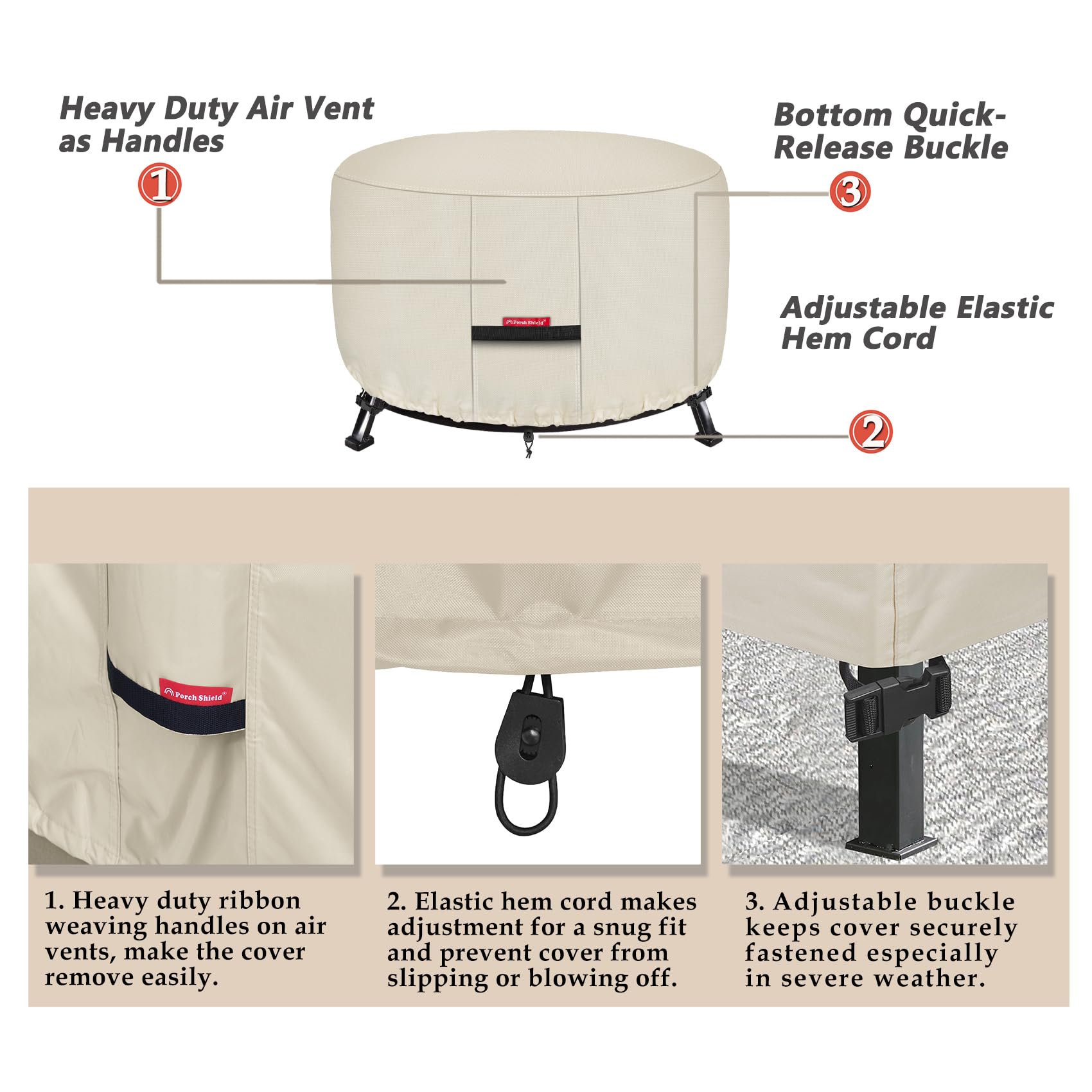 Elastic hem cord on Porch Shield cover secures a snug wind-resistant fit.