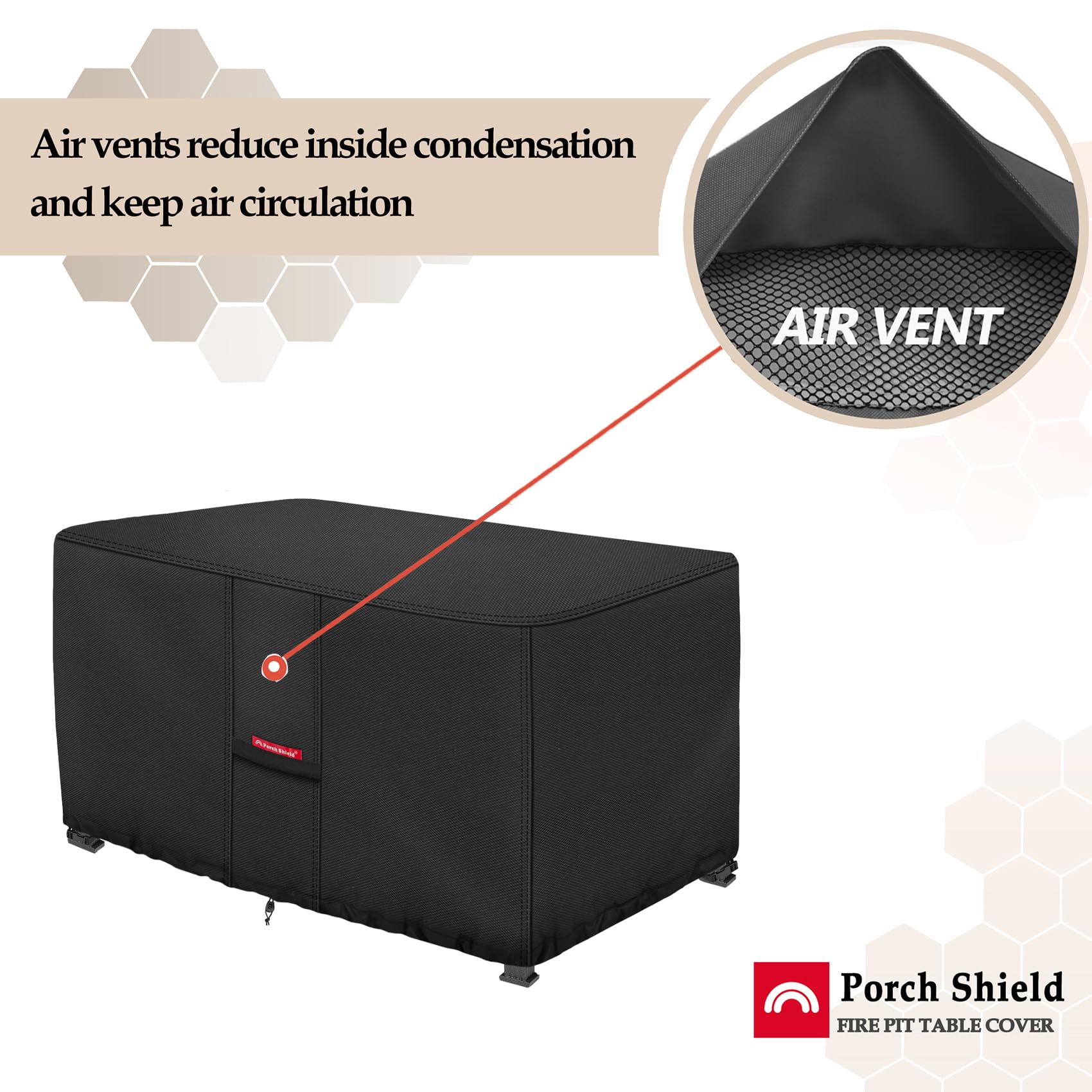 Porch Shield large air vents reduce inside condensation.